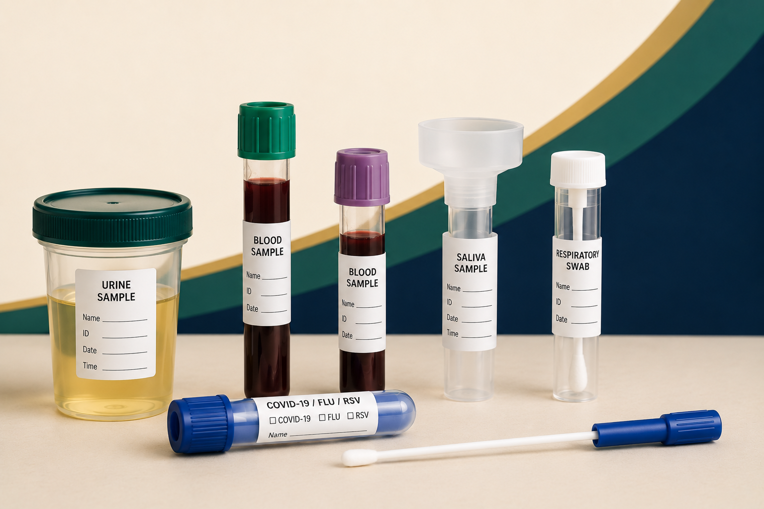 Medical sample collection containers for urine, blood, saliva, and respiratory swab samples on a beige surface