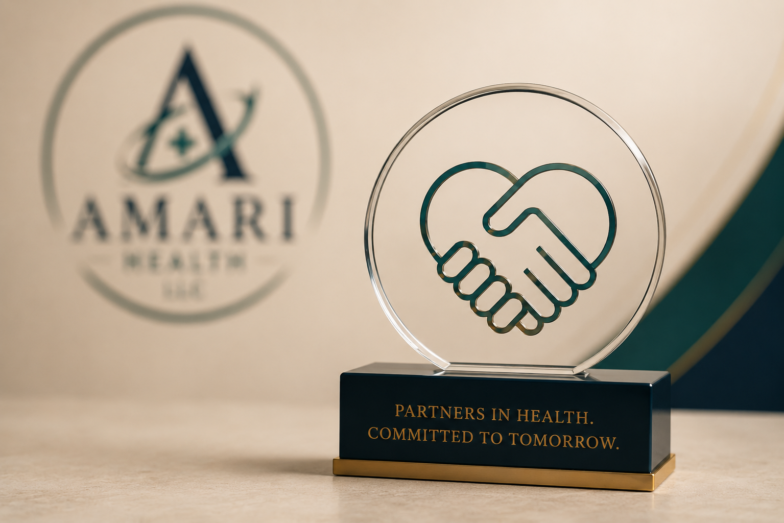 A clear circular plaque with a handshake symbol in the center, placed on a black base with gold accents. The base has the text "PARTNERS IN HEALTH. COMMITTED TO TOMORROW." The background displays the Amari Healthcare logo.
