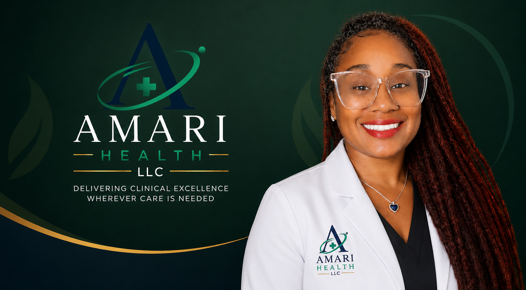 A smiling African American woman with glasses and red braids wearing a white coat with the Amari Health logo, standing in front of a green background with the Amari Health logo and slogan.