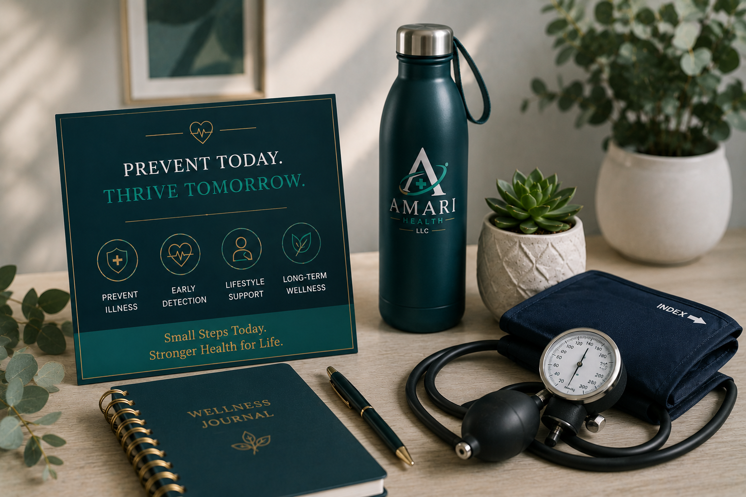 A wellness-themed flat lay on a wooden surface includes a dark blue water bottle with 'Amari Health' logo, potted green plants, a stethoscope, a sphygmomanometer, a dark blue wellness journal, a black pen, and a blue informational sign promoting health prevention and support.