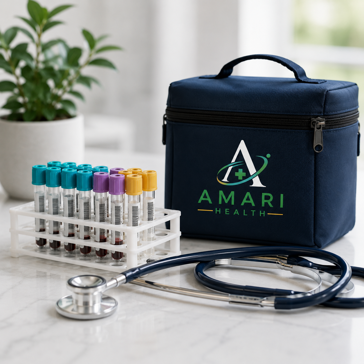 A medical kit with test tubes and a stethoscope on a white surface, with a potted plant in the background.
