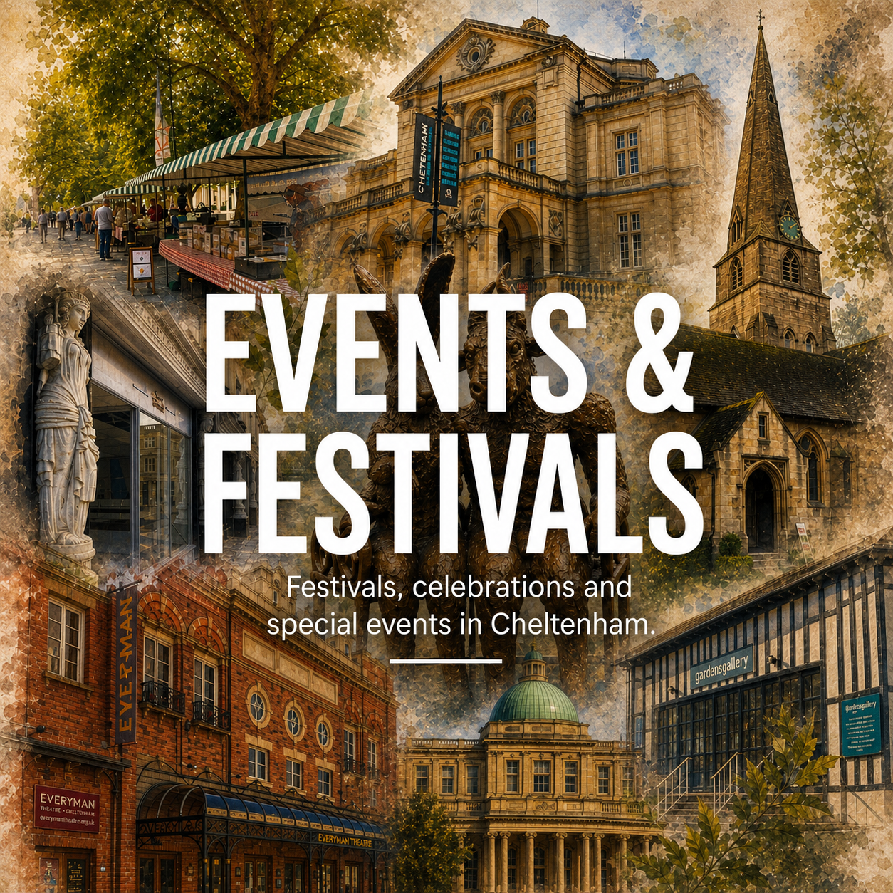 Collage of historical and cultural buildings, a marketplace, and a statue in Cheltenham, with overlaid text promoting events and festivals in the city.