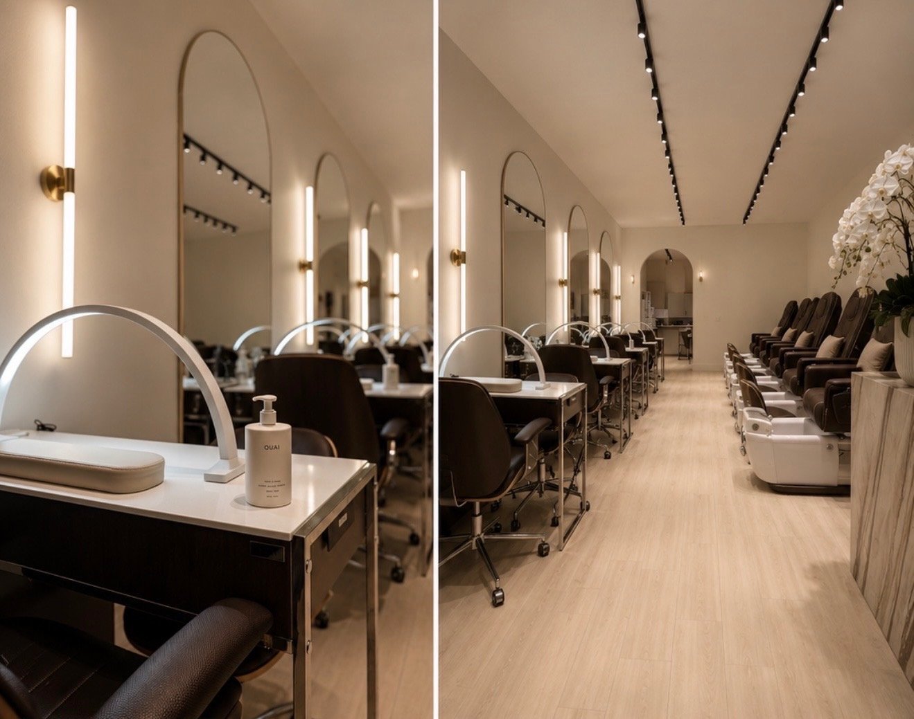 A split view of a modern nail salon with workstations and pedicure chairs, soft lighting, minimal decor, and a clean, organized space.