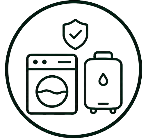 Icon showing washing machine, water heater, and shield with checkmark indicating water safety or protection.