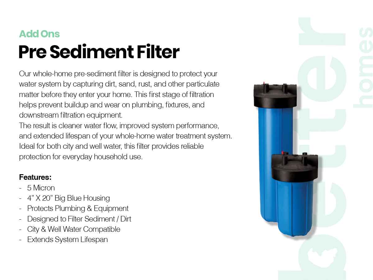 Description of a whole-home pre-sediment water filter system with blue housing units and black caps, designed to filter dirt and particulate matter from water.