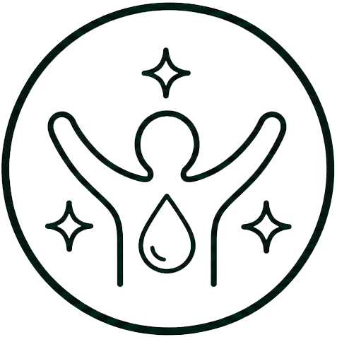 A minimalist line drawing of a person with arms raised inside a circle, surrounded by sparkles.