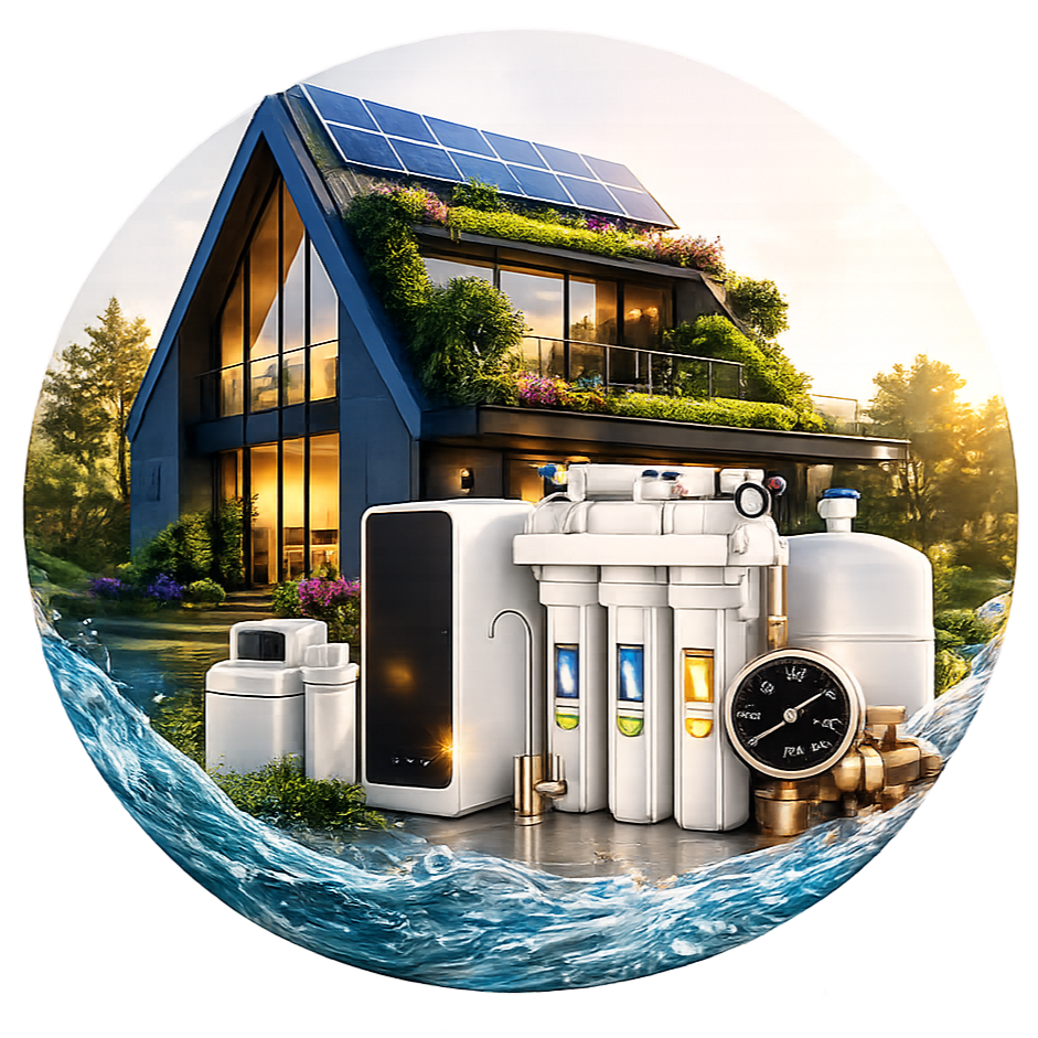 A modern house with solar panels on the roof and a garden, set beside a body of water, with water filtration and plumbing equipment in the foreground.