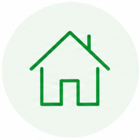 Green house icon with a roof and chimney on a light background.