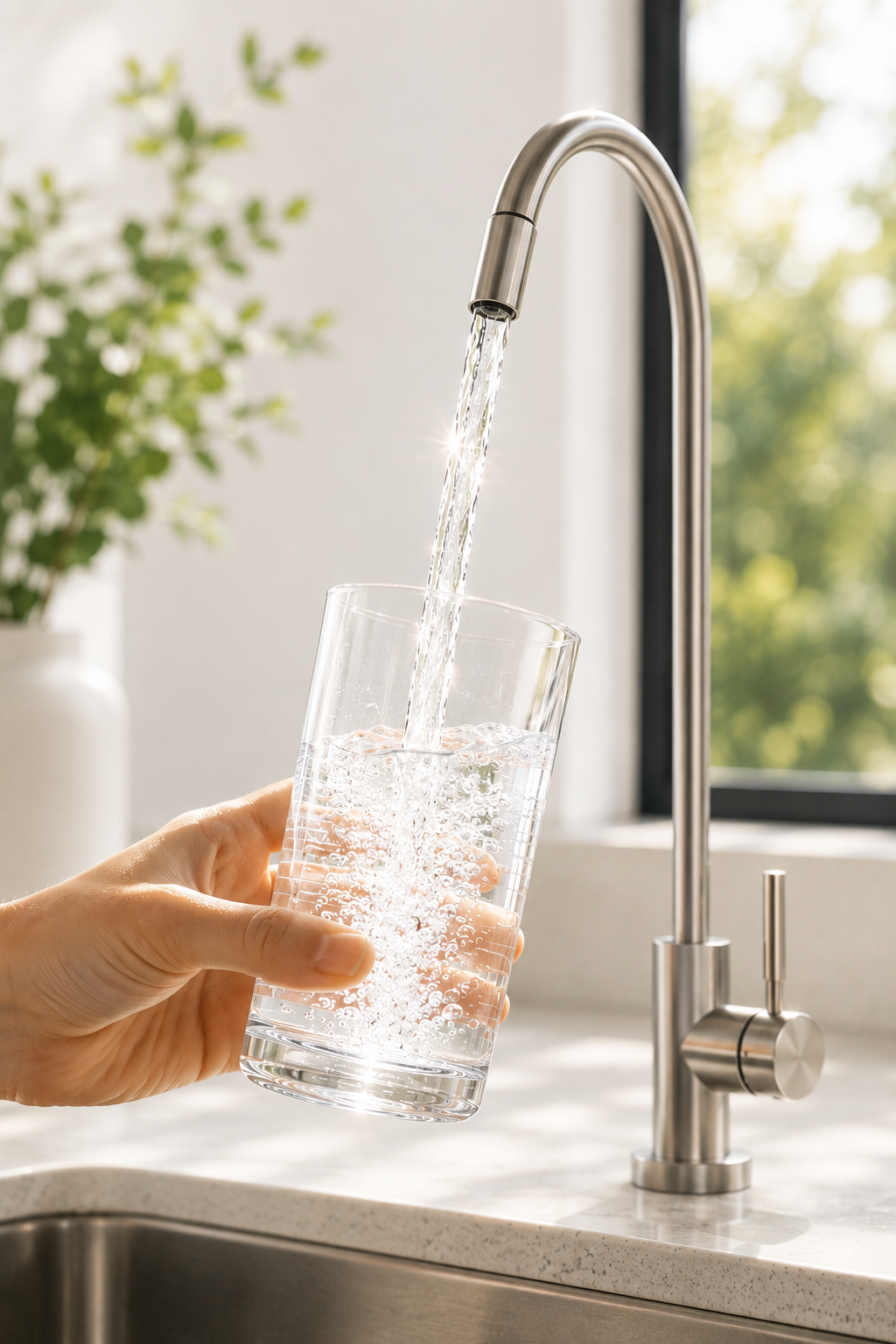Hand filling a glass with water from a modern kitchen faucet.