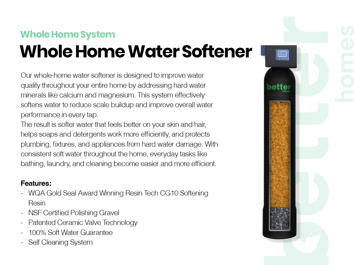 Product description for Whole Home Water Softener, showing an image of the water softener with a digital control panel on top, a black cylindrical tank with mineral media, and list of features.