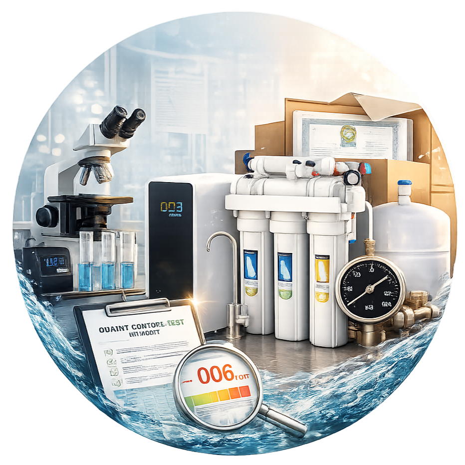Scientific water filtration and testing equipment, including microscopes, test tubes, water filters, a gauge, and documents, arranged on a surface with a background of water waves.