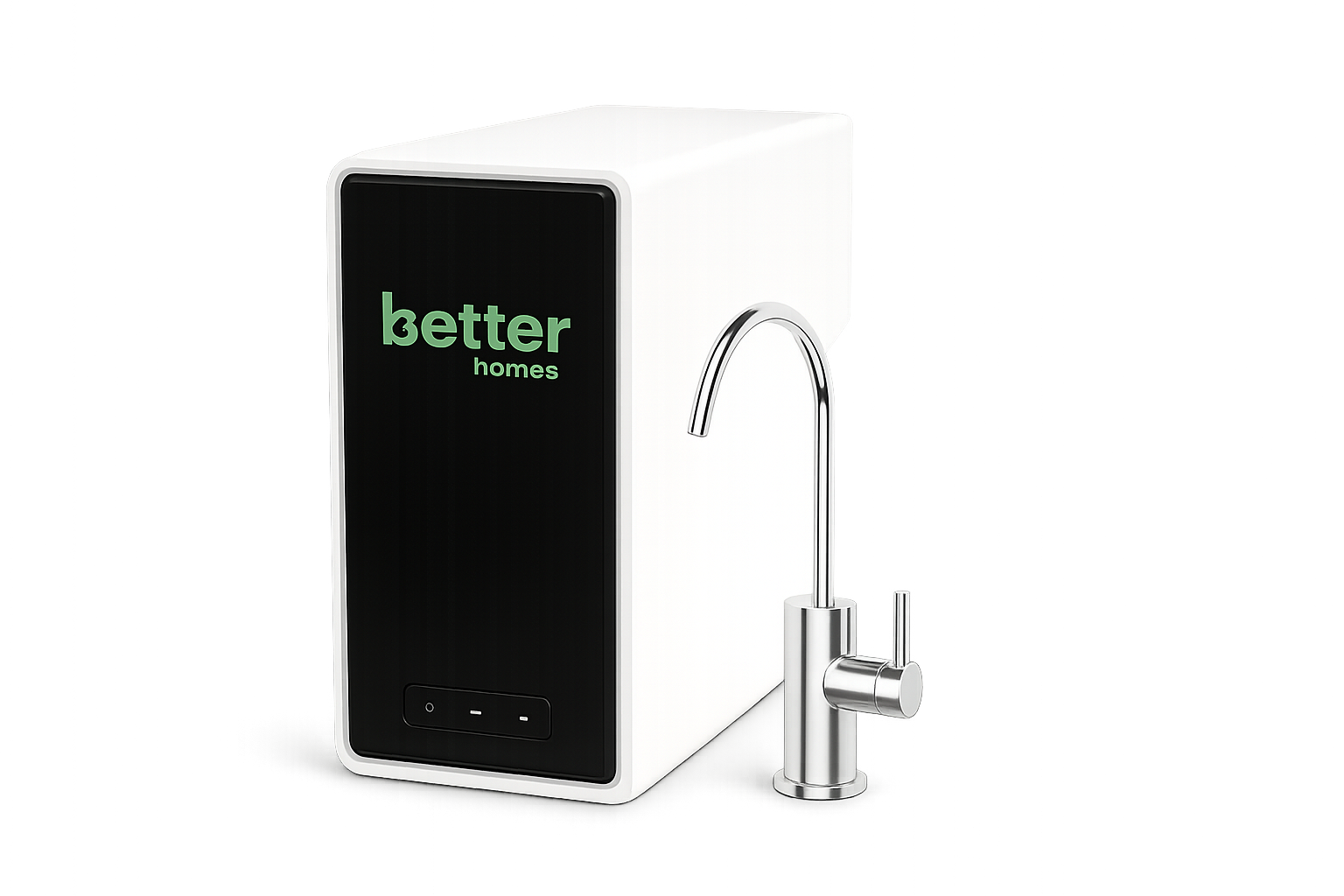 A modern water purifier with a black display screen that reads "better homes" in green text. It has a sleek chrome faucet attached on the right side for dispensing water.