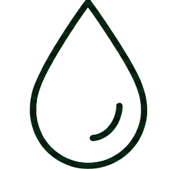 A simple black outline of a water droplet with a small curved mark inside the lower right side that is purified by the RO system.