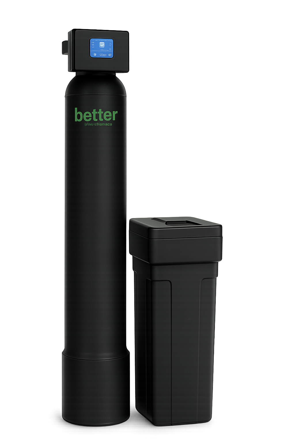 A water softener unit with a digital control panel on top and a compact black waste water drain tank.