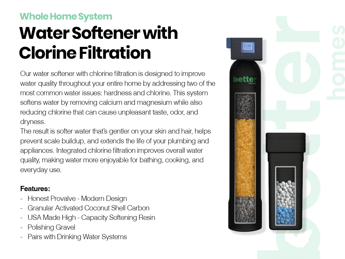 Image of a whole home water softener with chlorine filtration system, showing two tanks filled with different media, and a control head on top of one tank.