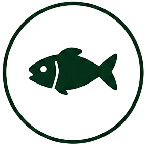 A black fish with a white eye and yellow lining, positioned inside a circular frame with a green background.