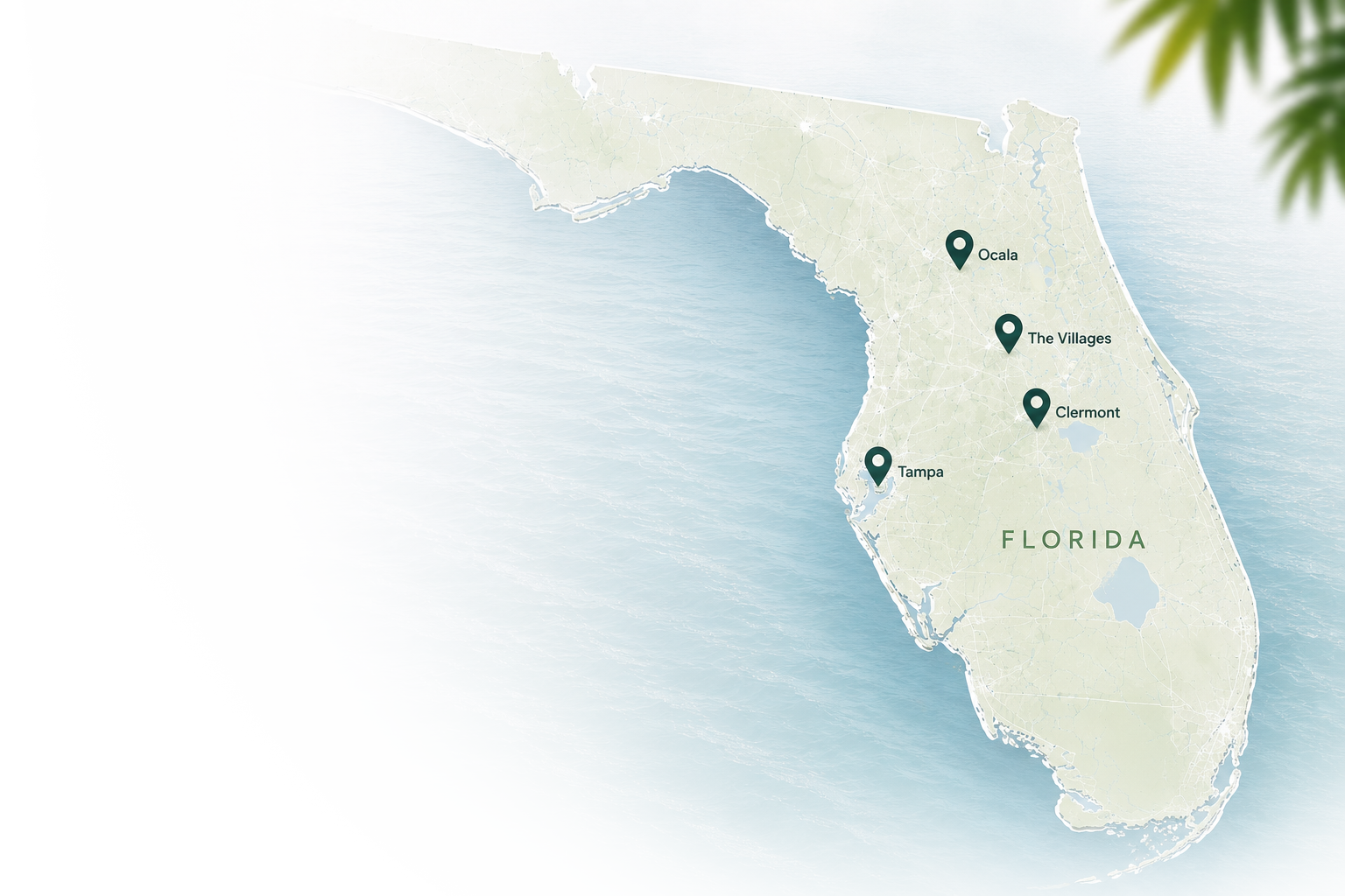 Map of Florida highlighting cities Ocala, The Villages, Clermont, and Tampa for where we service home water purification.