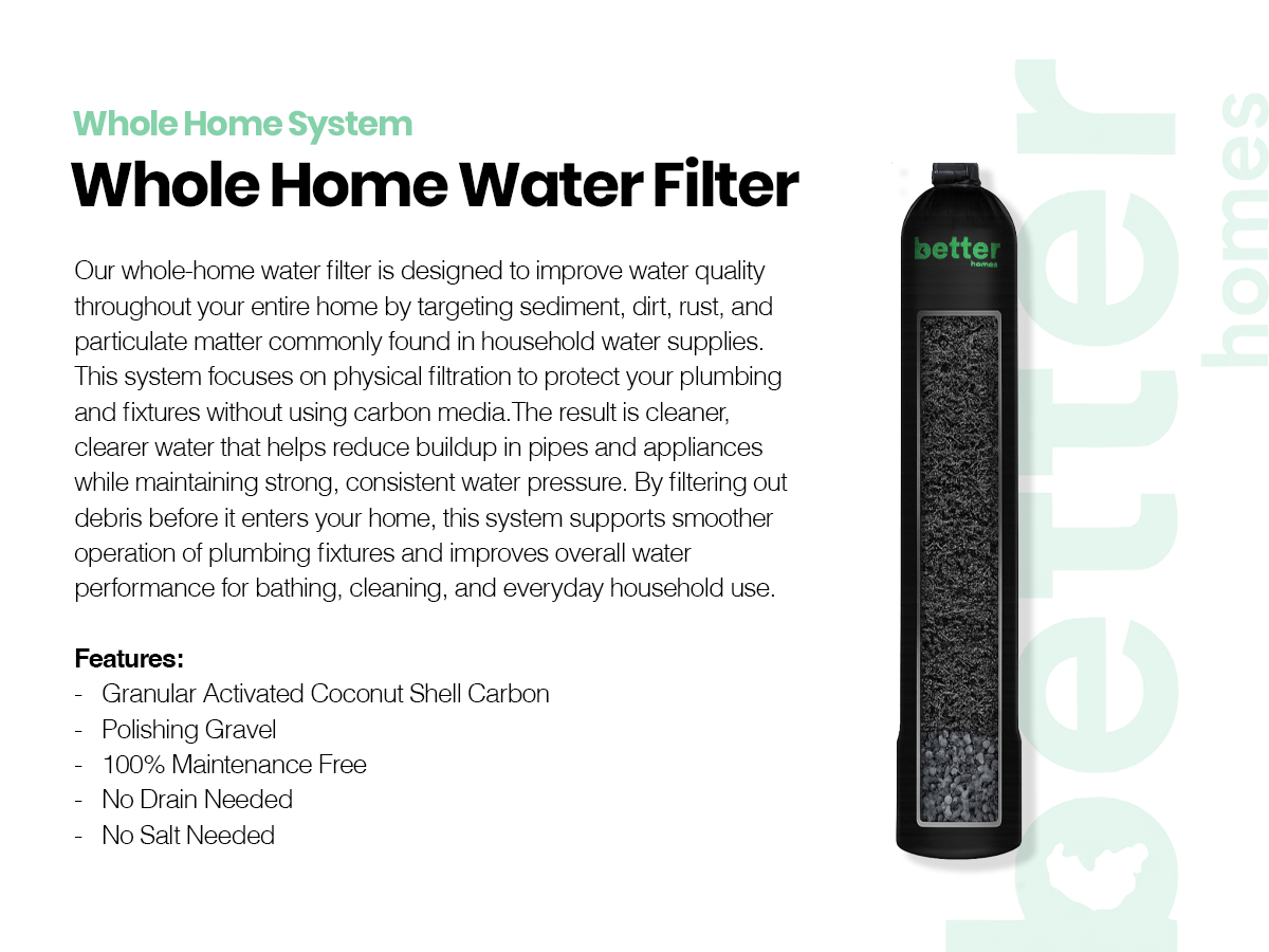 A black water filter with a rectangular shape and a textured surface, displayed next to a description of a whole home water filter system.