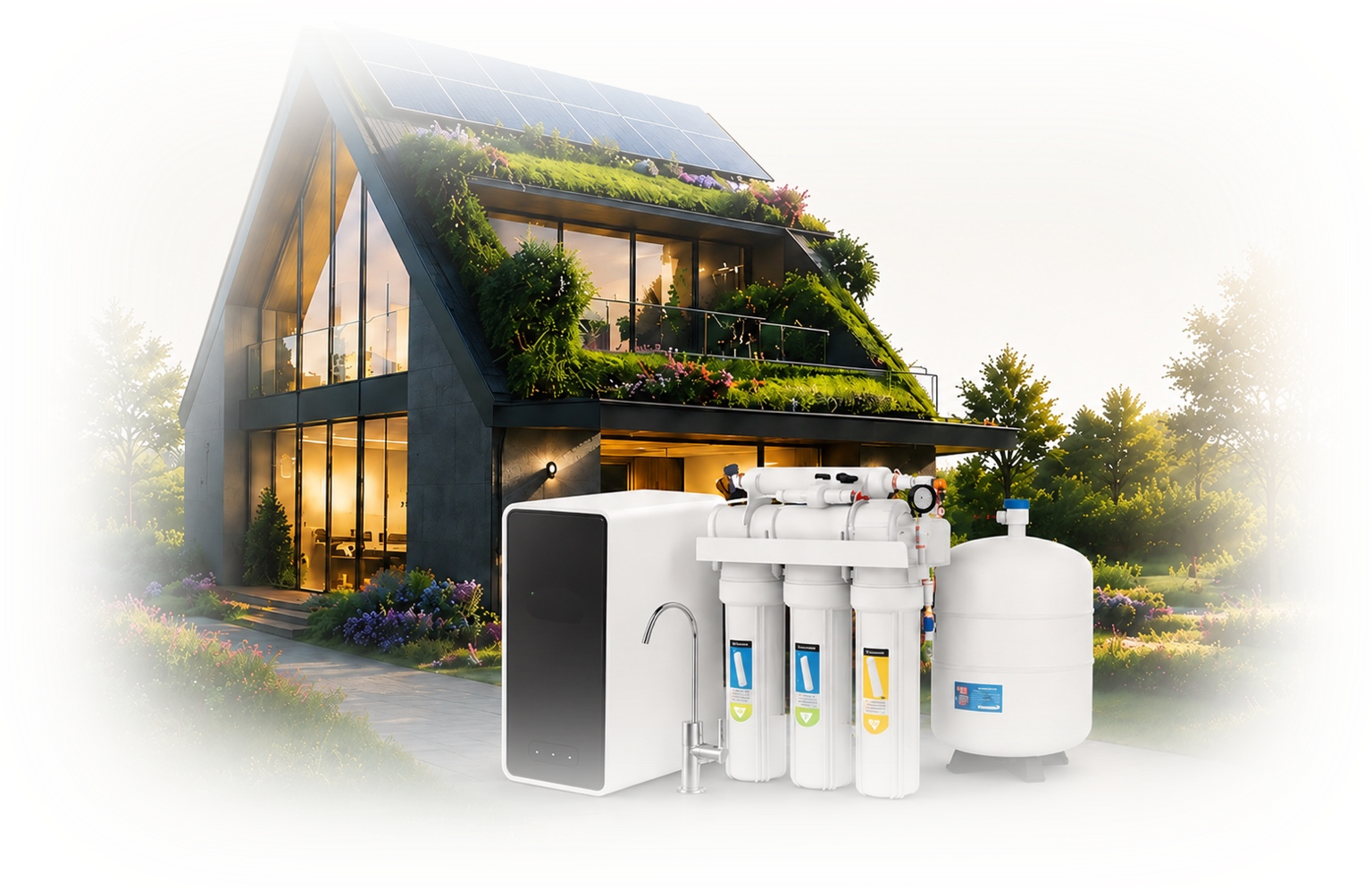 A modern house with solar panels and green rooftop garden, equipped with a water filtration and purification system outside.