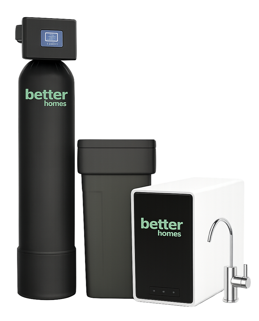 A water filtration system with a black tank, a gray filter housing, a white filtration unit with a faucet, and the words 'better homes' on the units.
