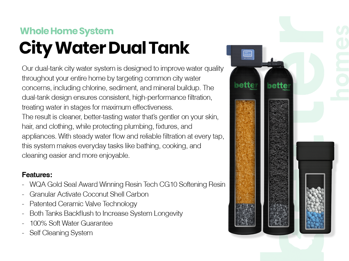 Marketing image of a whole home water filtration system with two large black tanks containing resin and media, and a smaller black tank with colored beads, along with feature descriptions and benefits of the dual water tank system.