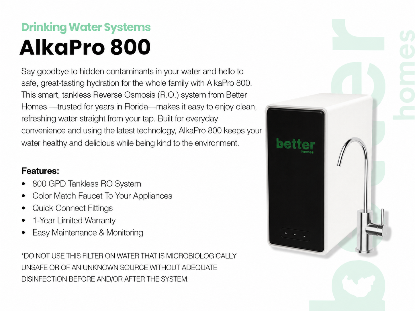 Product information sheet for AlkaPro 800 Drinking Water System from Better Homes, featuring an image of the water purifier and faucet, with details about features and benefits.