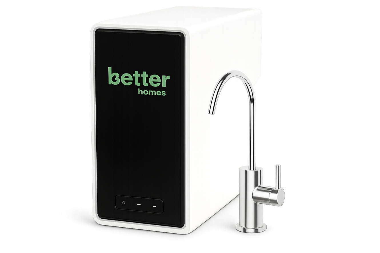 A modern water filter system with a black front panel displaying the words 'better homes' in green, a white body, and a chrome faucet attached to it.
