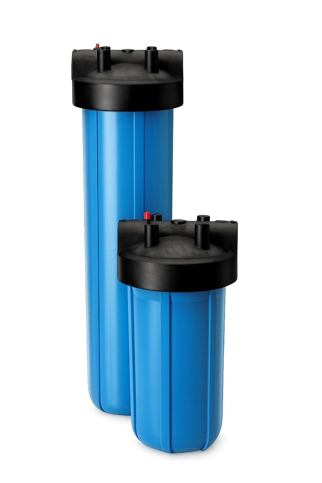 Two large blue water filter housings with black caps and red and black valves on top, placed in front of a dark background with abstract colorful light streaks.