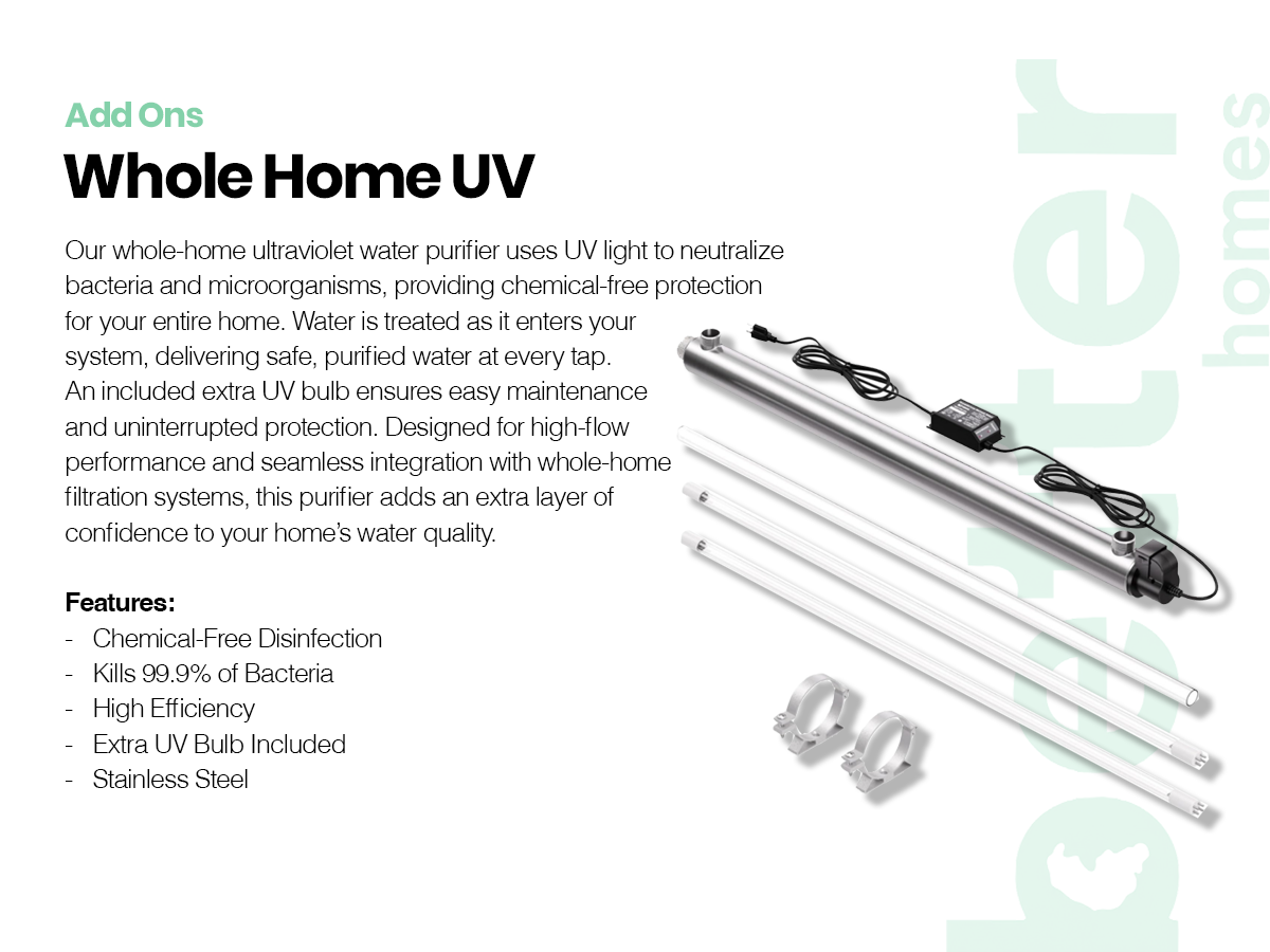 Diagram of whole home UV water purifier system with stainless steel unit, UV bulbs, and mounting clamps