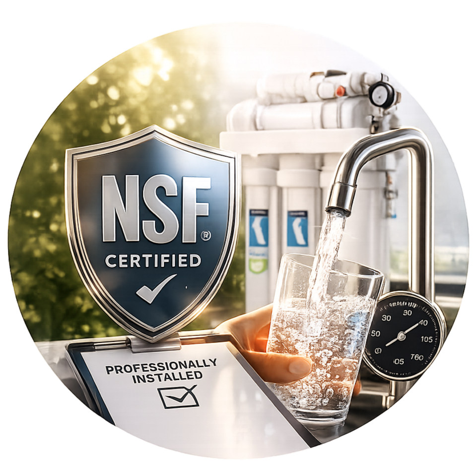 A glass is being filled with water from a faucet in a water filtration system, with NSF certified approval and professional installation.