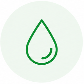 Green outline of a water droplet on a light green circular background.