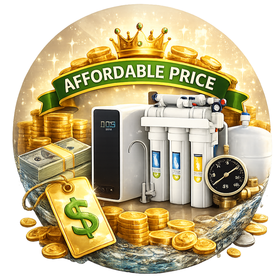 A water purifier surrounded by gold coins, cash, a gold crown, a green banner with white text saying 'Affordable Price,' a timer, and a gold price tag with a dollar sign, representing affordable water filtration.