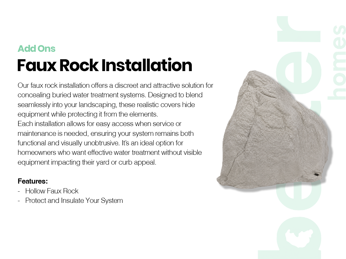 A large, realistic-looking faux rock used as a cover for concealed water treatment system components, designed to blend into landscaping.