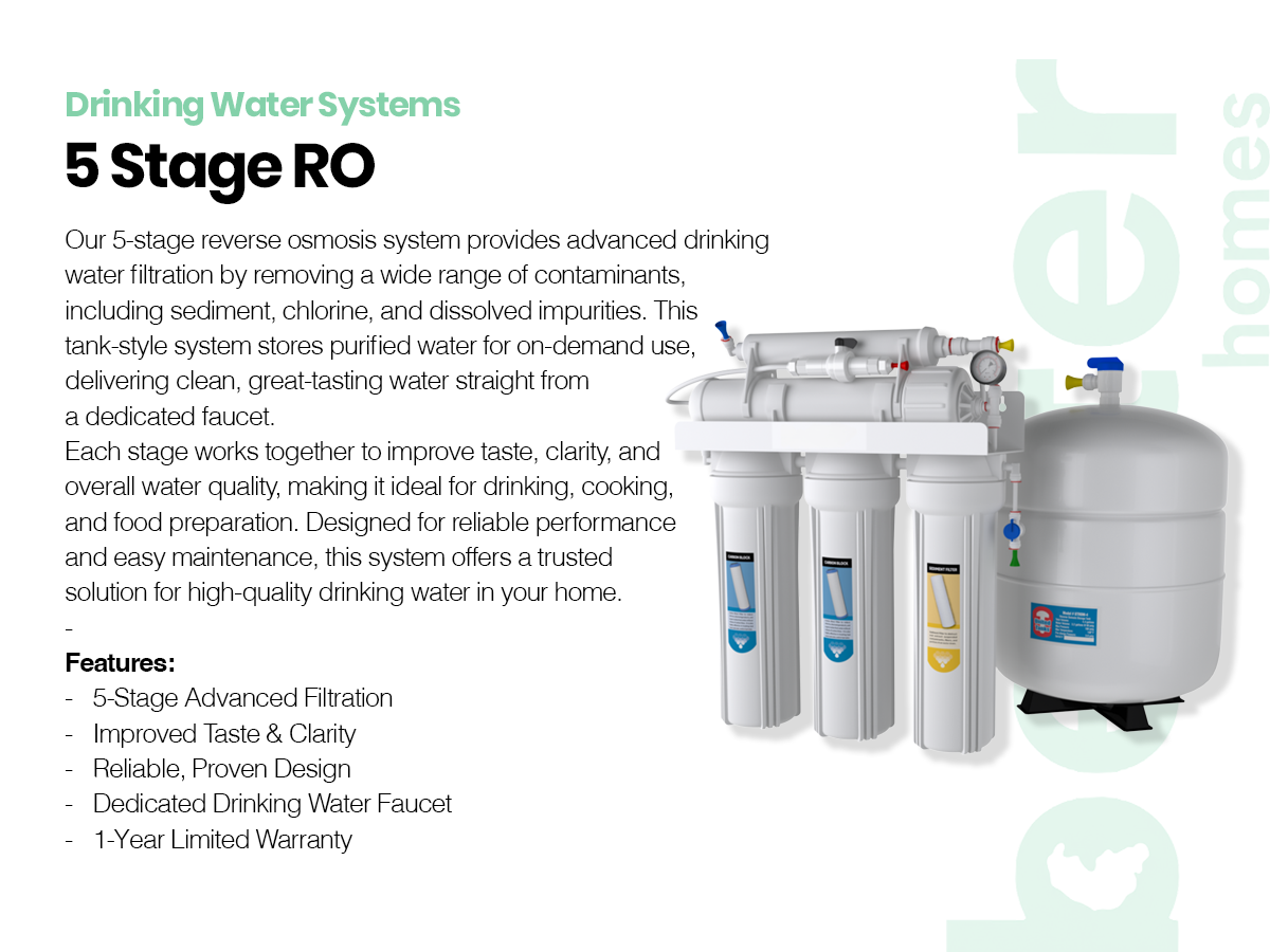 Diagram and description of a 5-stage reverse osmosis water filtration system, featuring three vertical filter units, a large tank, and associated plumbing for high-quality drinking water.