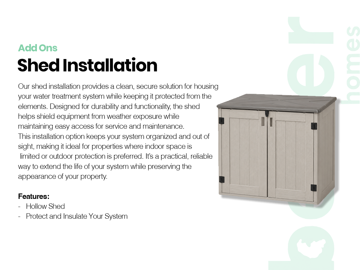 Image of a beige shed with a grayish-brown roof, located in a product display for shed installation services.