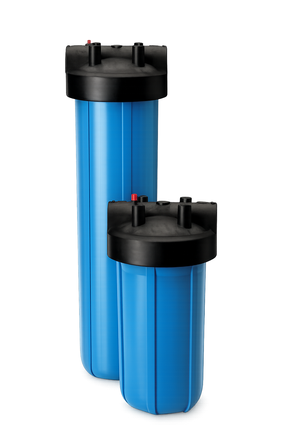 Two large blue carbon filter tanks with black tops, connected and standing side by side on a gray surface.