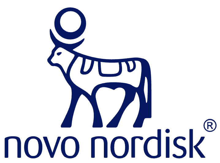 Logo of Novo Nordisk with a stylized bull and a circular sun above, and the text 'novo nordisk' below.