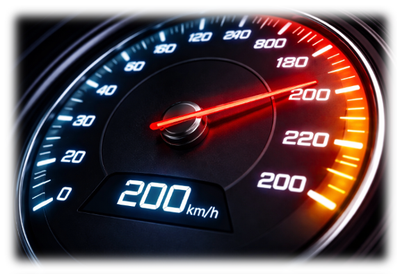 Car speedometer showing 200 km/h with the needle pointing to 200 and a red zone indicating high speed.