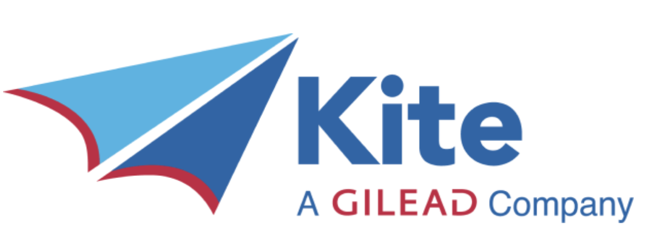 Logo of Kite, a Gilead company, featuring a stylized paper airplane in blue shades with red accents and the text "Kite A GILEAD Company".
