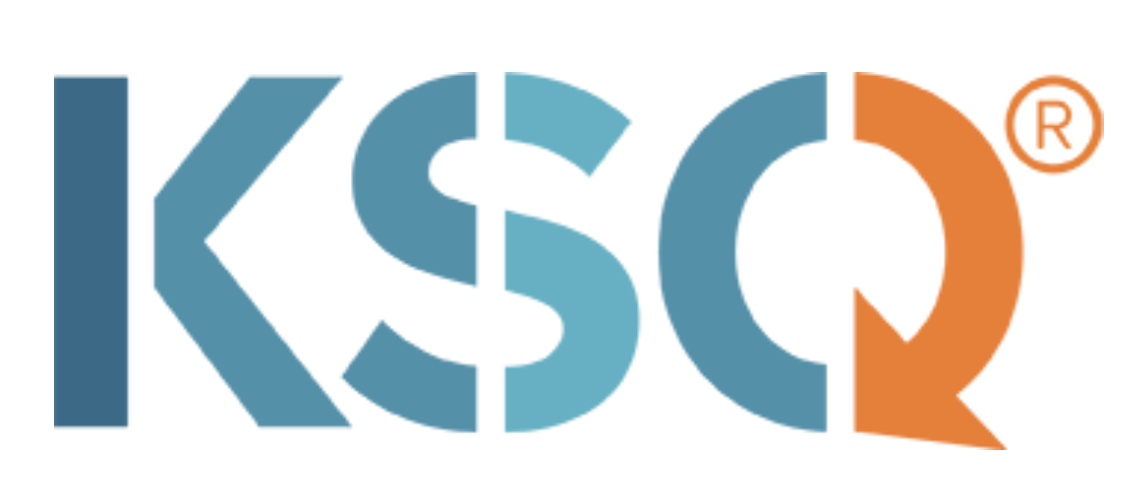KSQ brand logo with blue and orange colors.