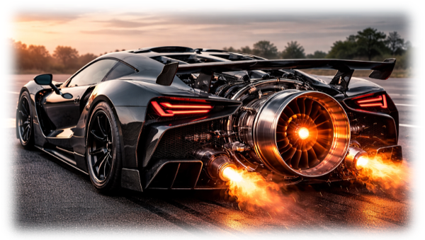 A sleek black sports car with exposed engine components and large rear wing, emitting flames from its exhaust pipes, on an open road at sunset.