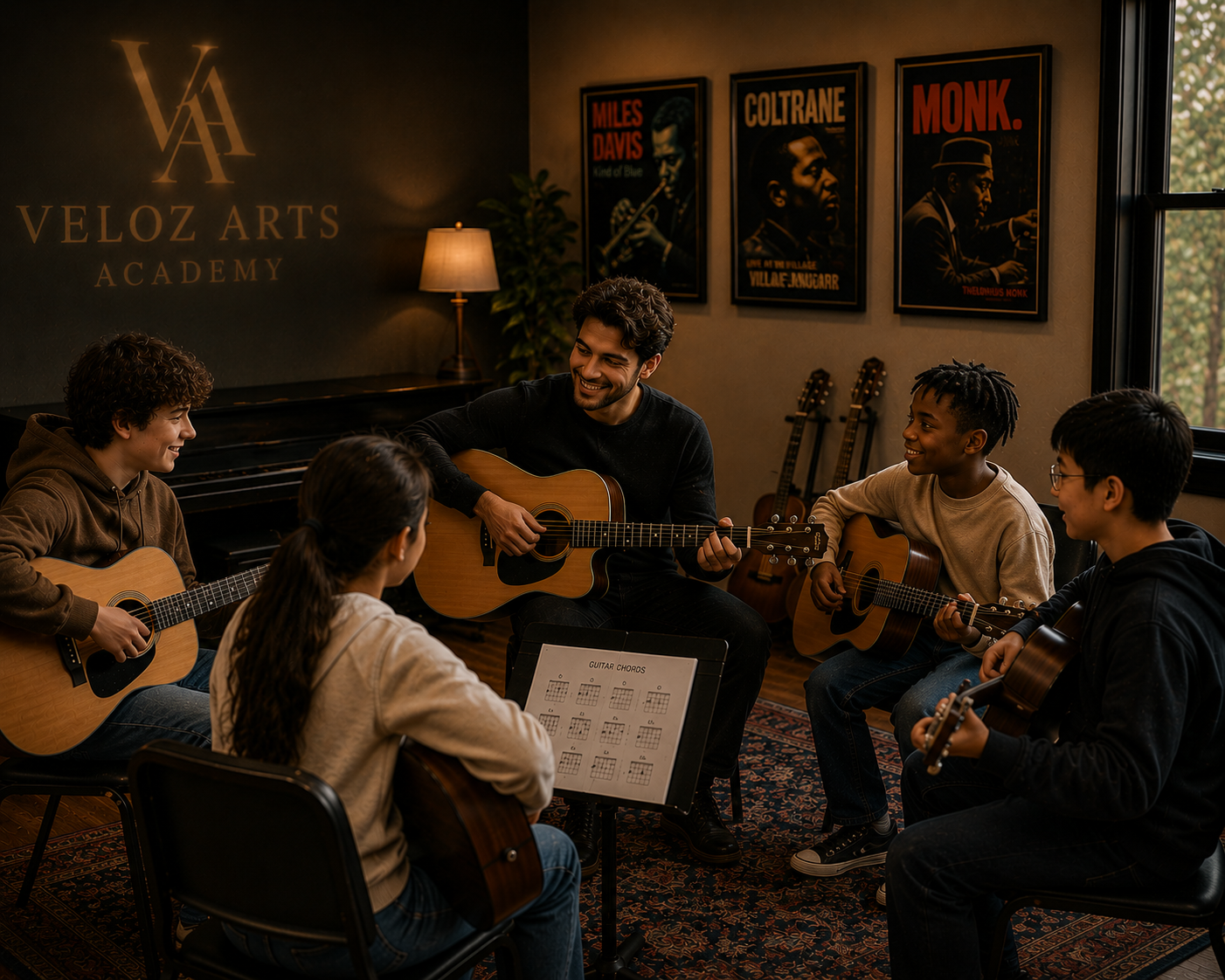 Music teachers and students in a guitar class at Veloz Arts Academy, with posters of jazz musicians on the wall and guitars on stands in the background.