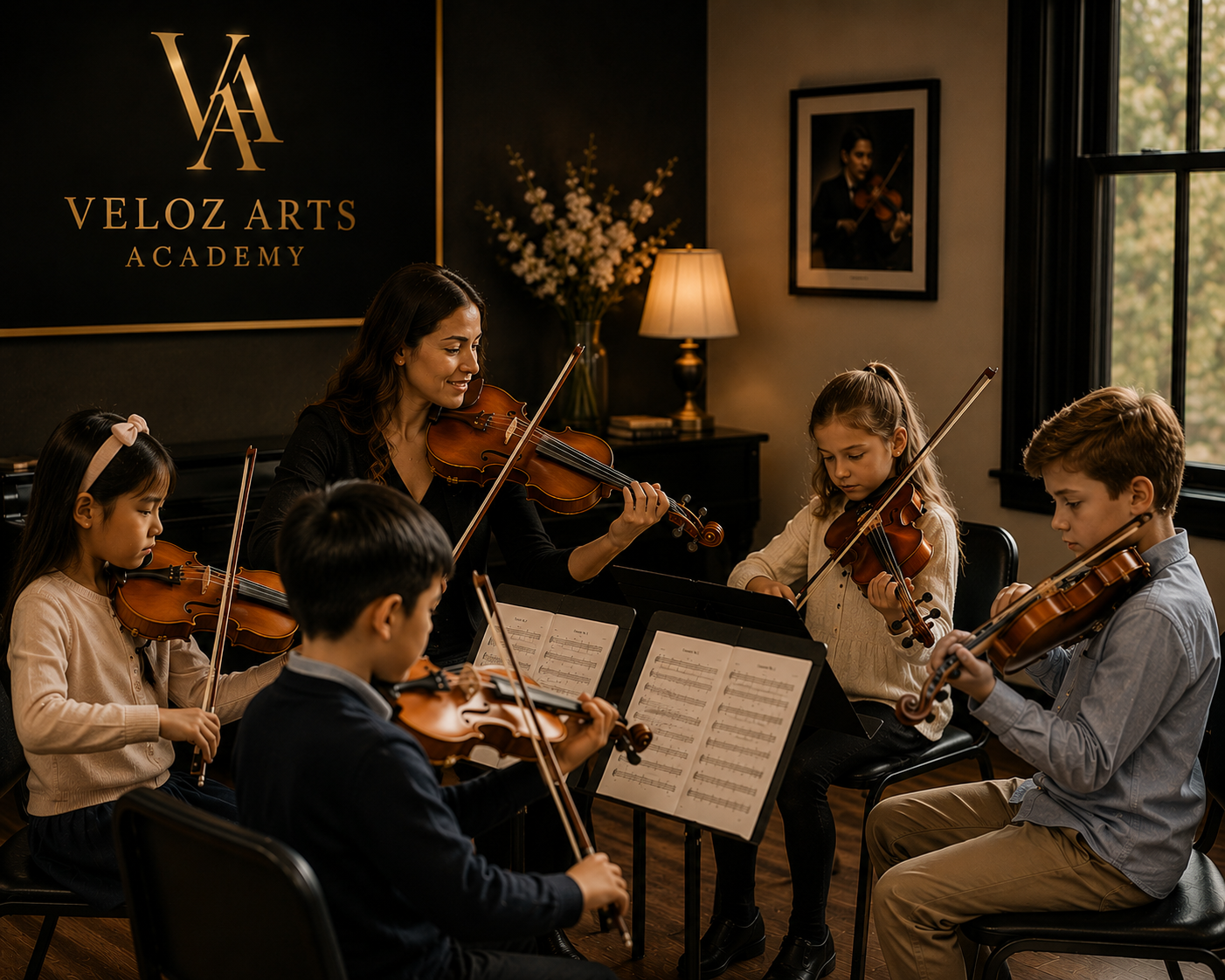 Music teacher and young students playing violins in a classroom at Veloz Arts Academy.