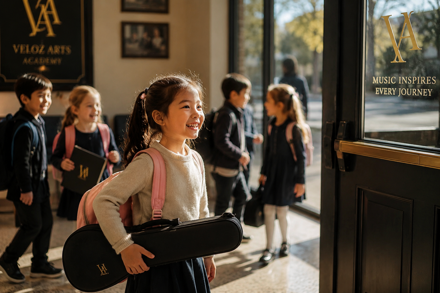 Group of children entering a music school, carrying instrument cases and backpacks, with sunlight coming through the glass doors.