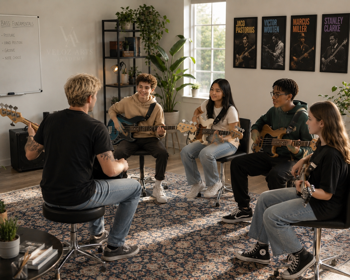 A music class with a teacher and five students, all holding guitars in a well-lit room with posters of jazz musicians on the wall and a whiteboard with music fundamentals written on it.
