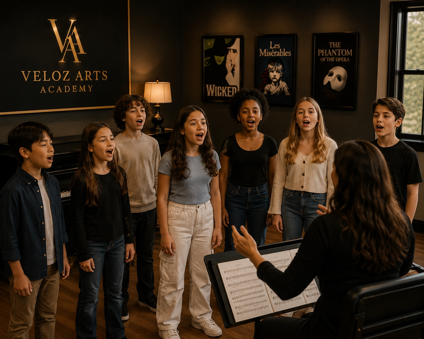 Group of children singing in a music class, supervised by a teacher sitting at a piano with sheet music, in a room with theater posters and a Velaz Arts Academy sign on the wall.