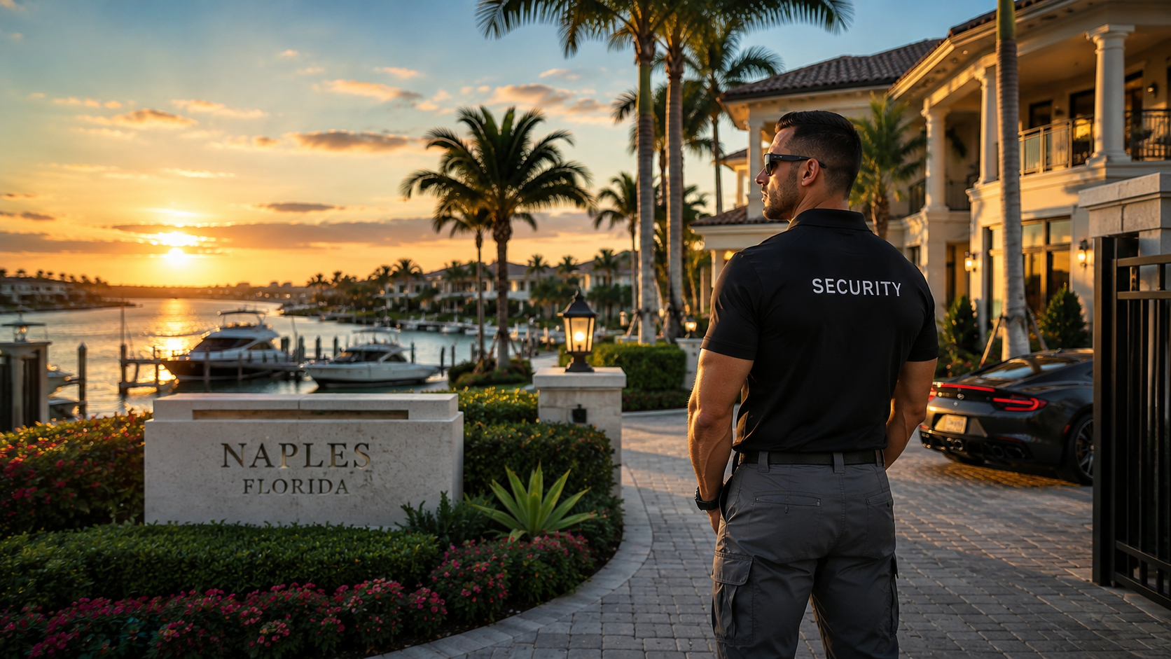 A security guard stands outside a luxury waterfront property in Naples, Florida during sunset. The scene includes palm trees, boats docked on a waterway, and a large modern house with warm lighting.