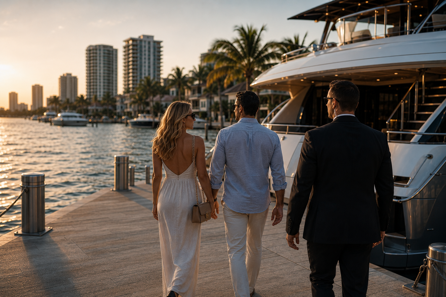 Three people walk on a dock near yachts, with city buildings, palm trees, and a sunset in the background.