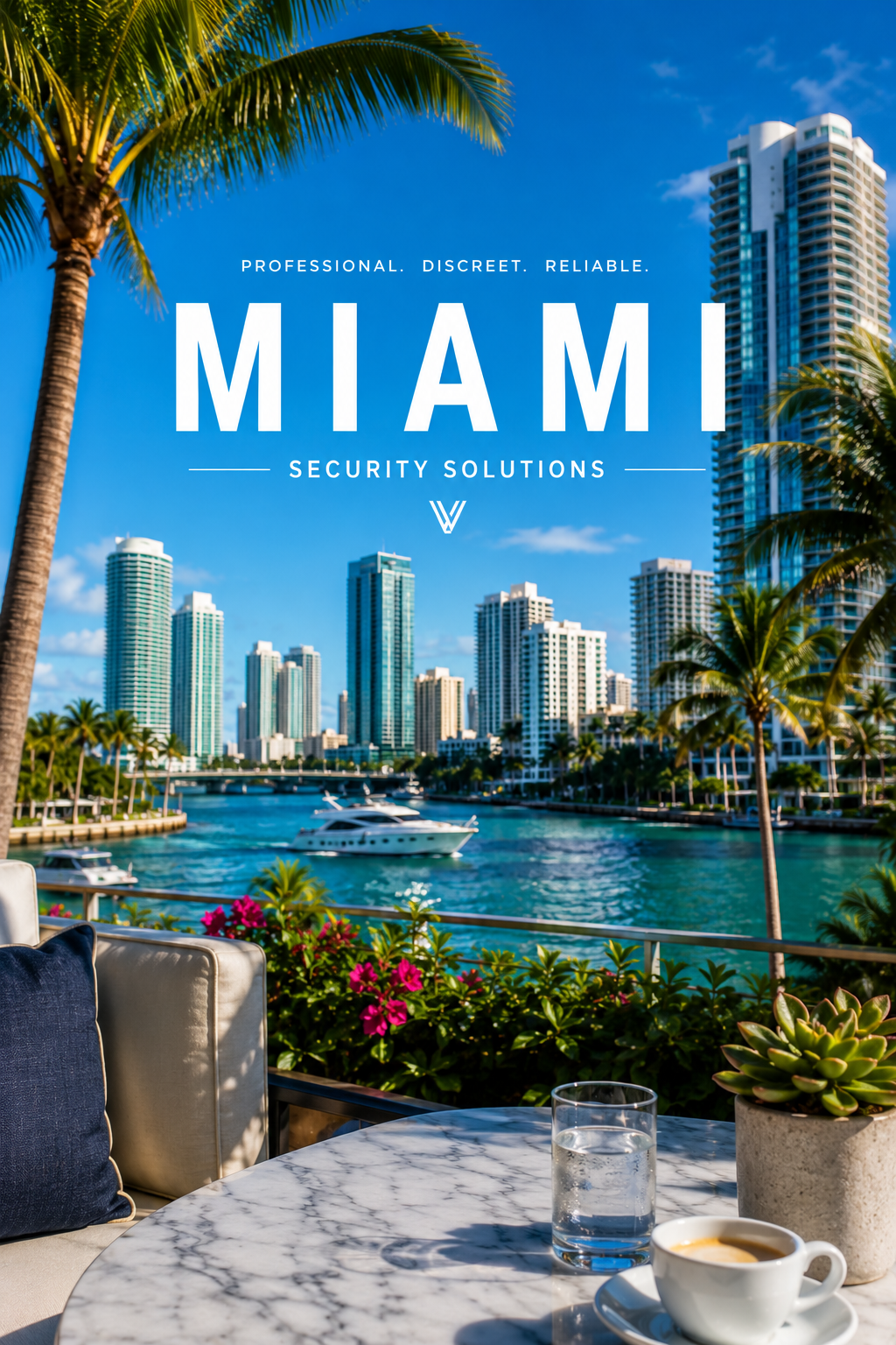 Miami cityscape with tall buildings, palm trees, boats on the water, and a clear blue sky, seen from a balcony with a white marble table, coffee, water, and a potted succulent plant.
