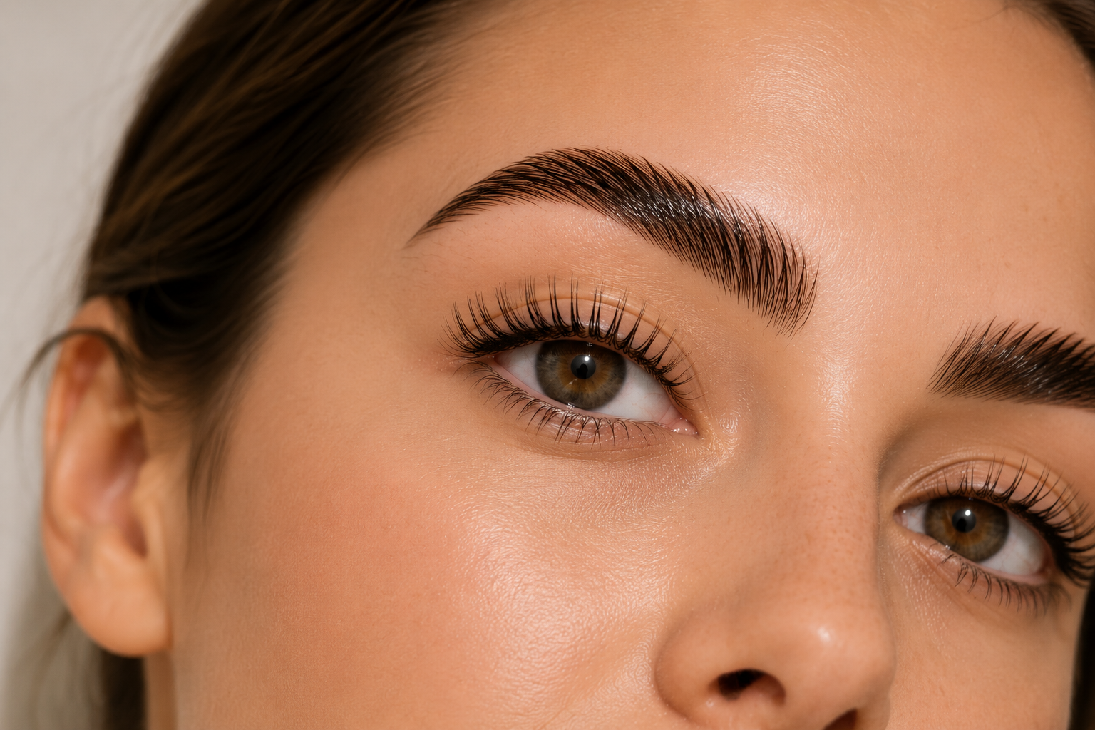 Close-up of a woman's face, focusing on her eyebrows, eyes, and part of her nose, with well-groomed eyebrows and long eyelashes.